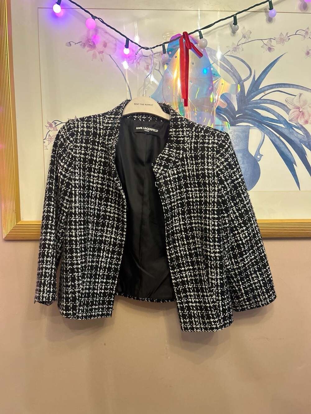 Karl Lagerfeld Paris Black and White Tweed Open Front Blazer Jacket